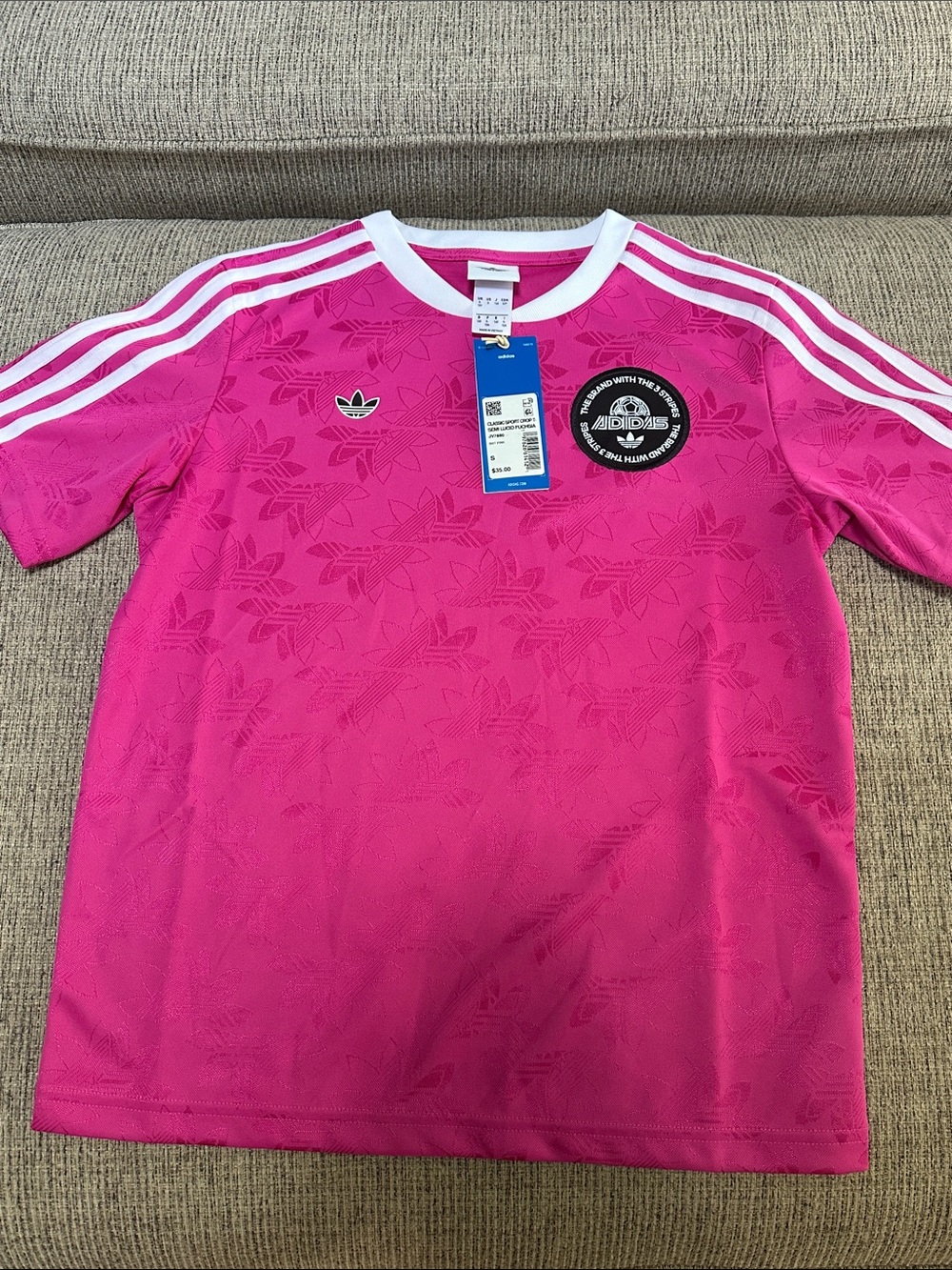 Boys s adidas Hot Pink Trefoil Soccer Shirt with White Stripes